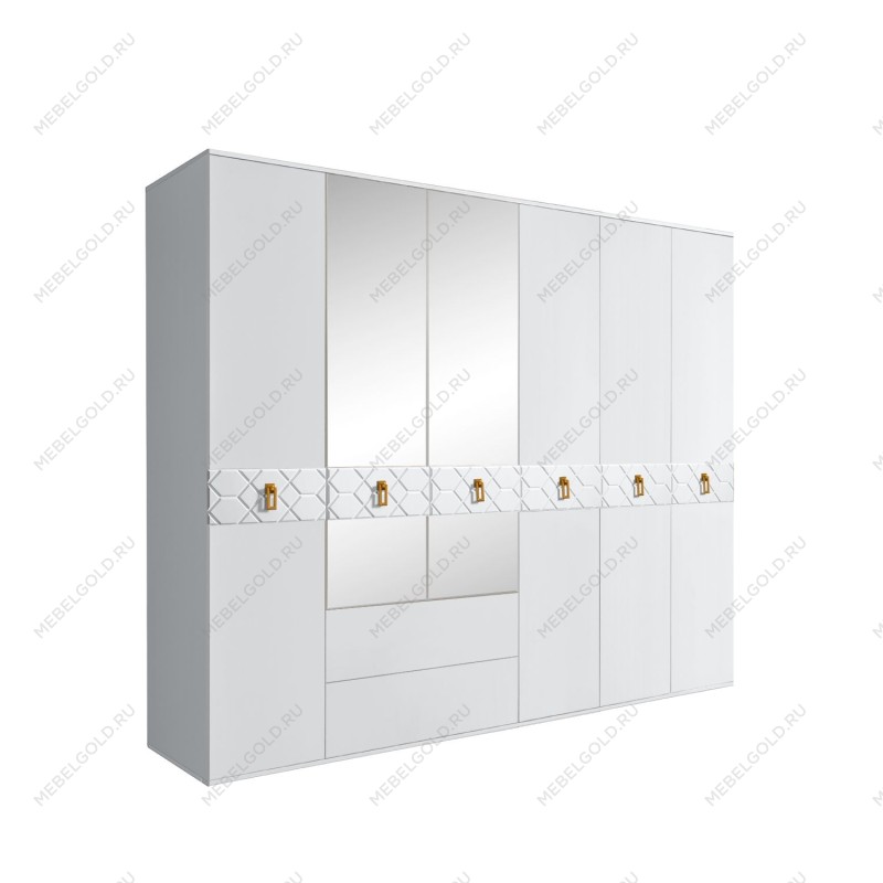 Шкаф 6-ти дверный с зеркалами, с ящиками, Bogemia Farfalle (Белый/Золото) БМШ1/61(Fa)