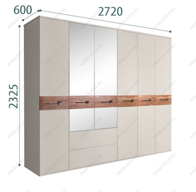 Шкаф 6-ти дверный с зеркалами, с ящиками, Bogemia Wood Wo (Шелк/Хром) БМШ1/61(Wo)