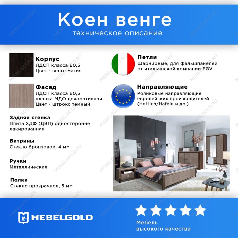 Тумба прикроватная Коен KOM1S Венге/Штрокс (NEW) | изображение 2