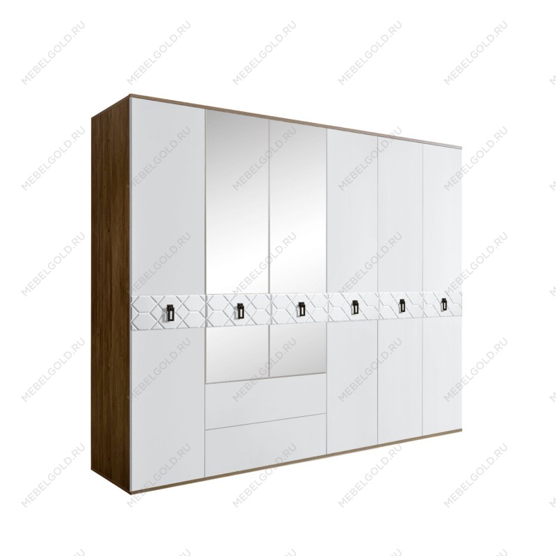 Шкаф 6-ти дверный с зеркалами, с ящиками, Bogemia Woodline Fa (Белый/Черный) БМШ1/61(Fa)