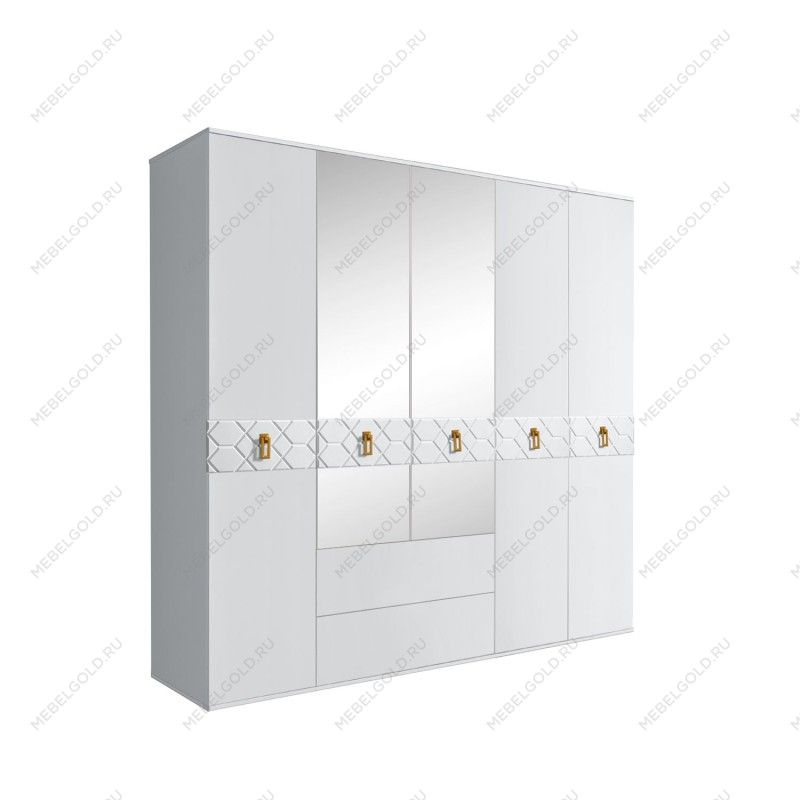 Шкаф 5-ти дверный с зеркалами, с ящиками, Bogemia Farfalle (Белый/Золото) БМШ1/51(Fa)