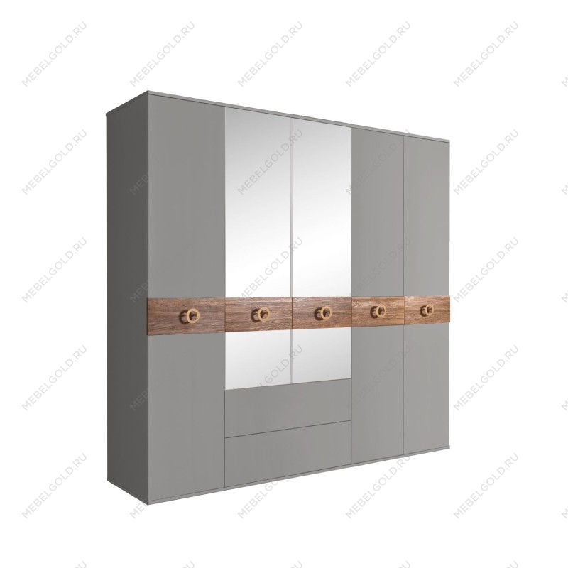 Шкаф 5-ти дверный с зеркалами, с ящиками, Bogemia Wood Fi (Серый/Золото) БМШ1/51(Wo)