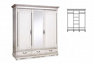 Шкаф для одежды Оскар 3-х дв. с зеркалом, белая эмаль с темной патиной, чернёное серебро