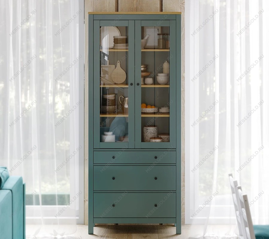 САГА шкаф с витриной 90 темно-бирюзовый/ясень | изображение 5