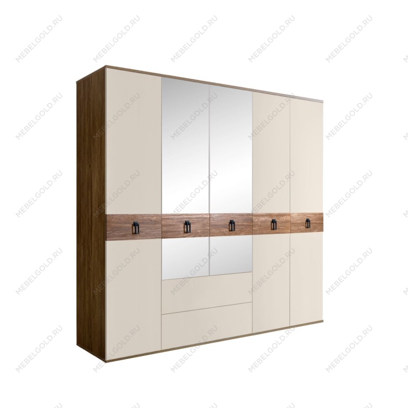 Шкаф 5-ти дверный с зеркалами, с ящиками, Bogemia Woodline Wood Fa (Слоновая кость/Черный) БМШ1/51(Wo)