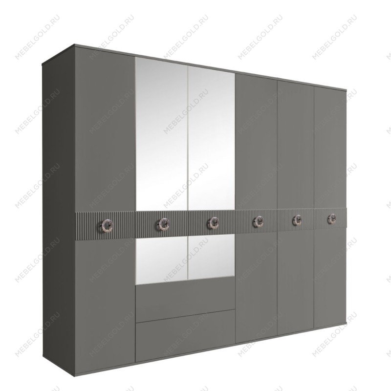 Шкаф 6-ти дверный с зеркалами, с ящиками, Bogemia Fillini (Серый/Хром) БМШ1/61(Fi)