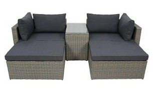 Набор мебели Драмен арт.GS009 серо-коричневый, серый (стол, 2 угл.кресла, 2 пуфа, ротанг серо-корич, подушки серые)