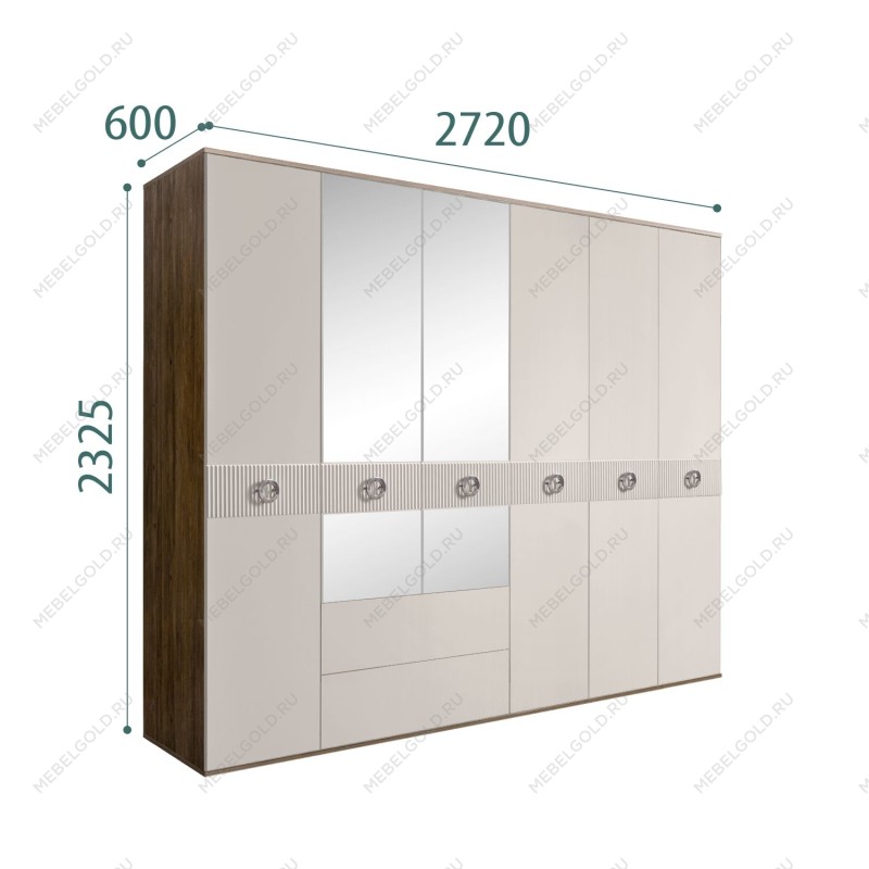 Шкаф 6-ти дверный с зеркалами, с ящиками, Bogemia Woodline Fi (Шелк/Хром) БМШ1/61(Fi)