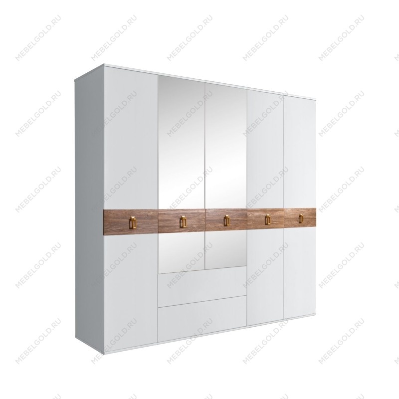Шкаф 5-ти дверный с зеркалами, с ящиками, Bogemia Wood Fa (Белый/Золото) БМШ1/51(Wo)