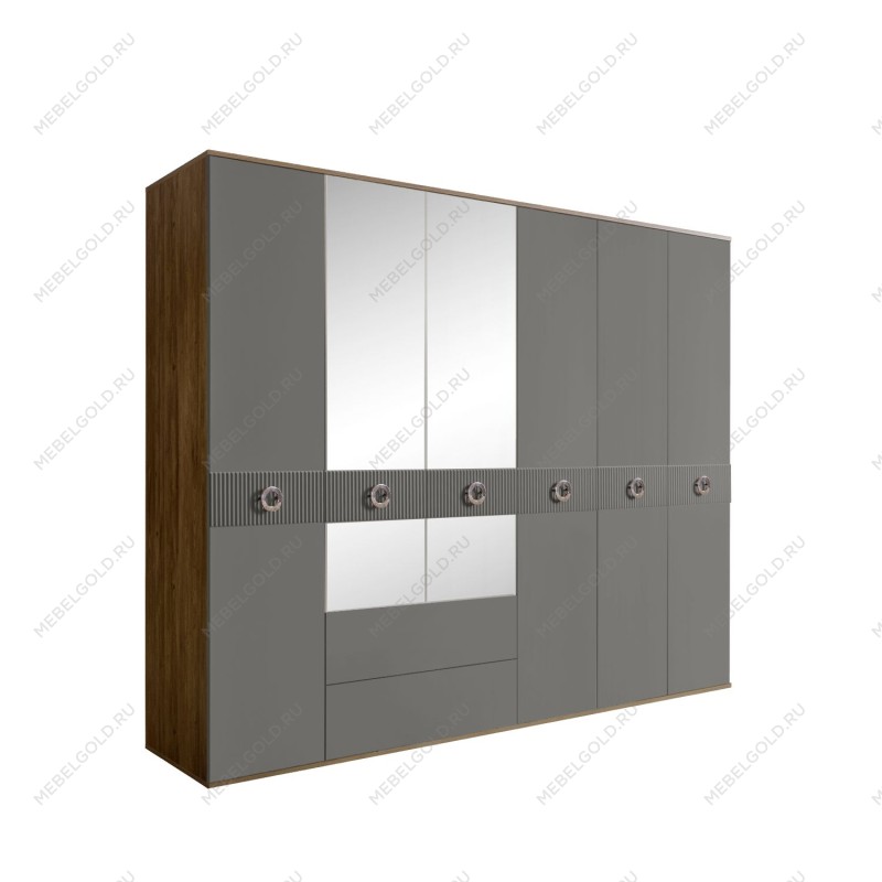 Шкаф 6-ти дверный с зеркалами, с ящиками, Bogemia Woodline Fi (Серый/Хром) БМШ1/61(Fi)