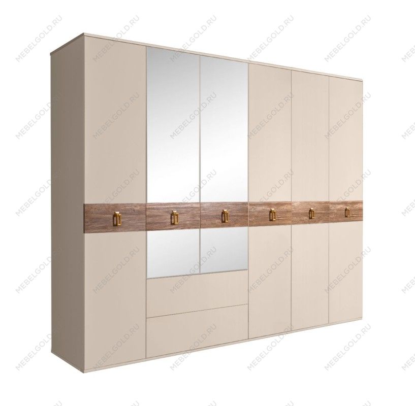 Шкаф 6-ти дверный с зеркалами, с ящиками, Bogemia Wood Fa (Ваниль/Золото) БМШ1/61(Wo)