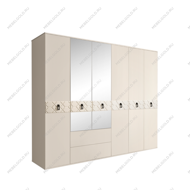 Шкаф 6-ти дверный с зеркалами, с ящиками, Bogemia Farfalle (Слоновая кость/Черный) БМШ1/61(Fa)