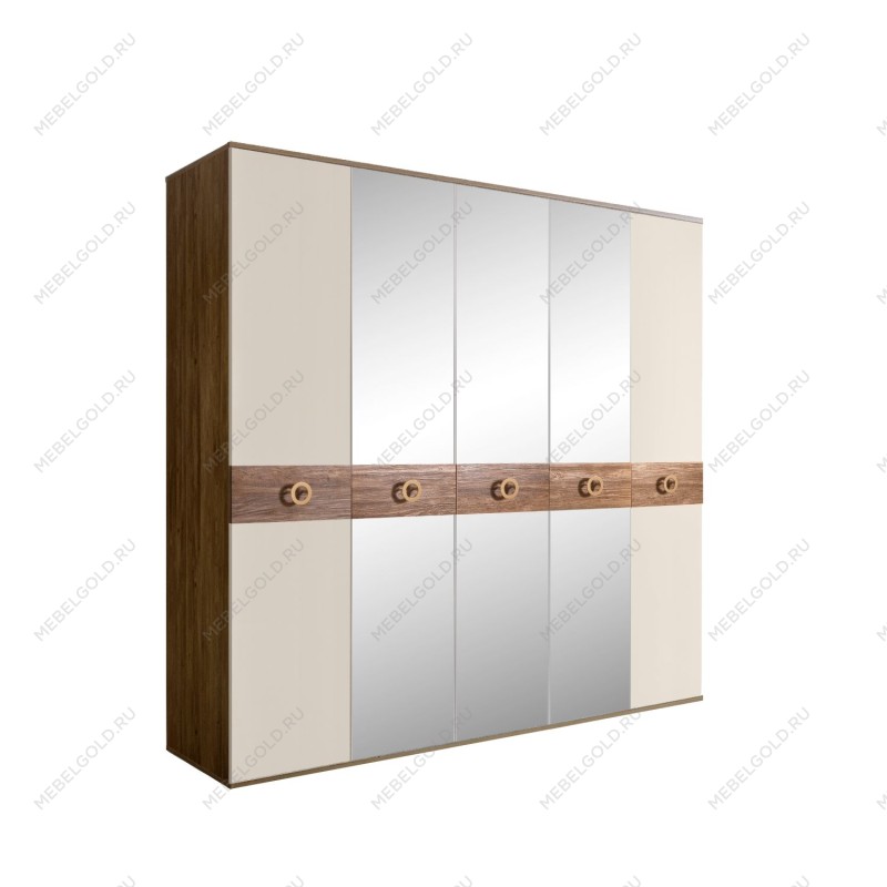 Шкаф 5-ти дв. с зеркалами Bogemia Woodline Wood Fi (Слоновая кость/Золото) БМШ1/5(Wo)