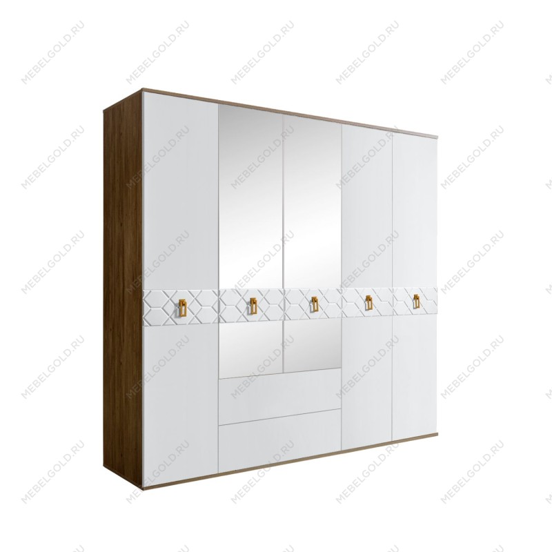 Шкаф 5-ти дверный с зеркалами, с ящиками, Bogemia Woodline Fa (Белый/Золото) БМШ1/51(Fa)