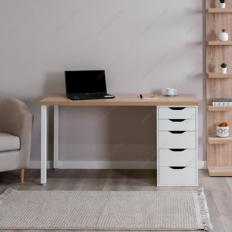 ИНГАР стол письменный ИКЕА / IKEA 2/5Т 140x75x55, дуб беленый/белый | изображение 4