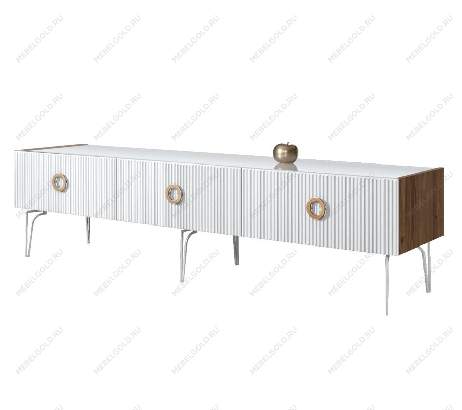 Тумба телевизионная 2.1м Bogemia Woodline Fi (Белый) (Lakobel/Золото) БМТ-2