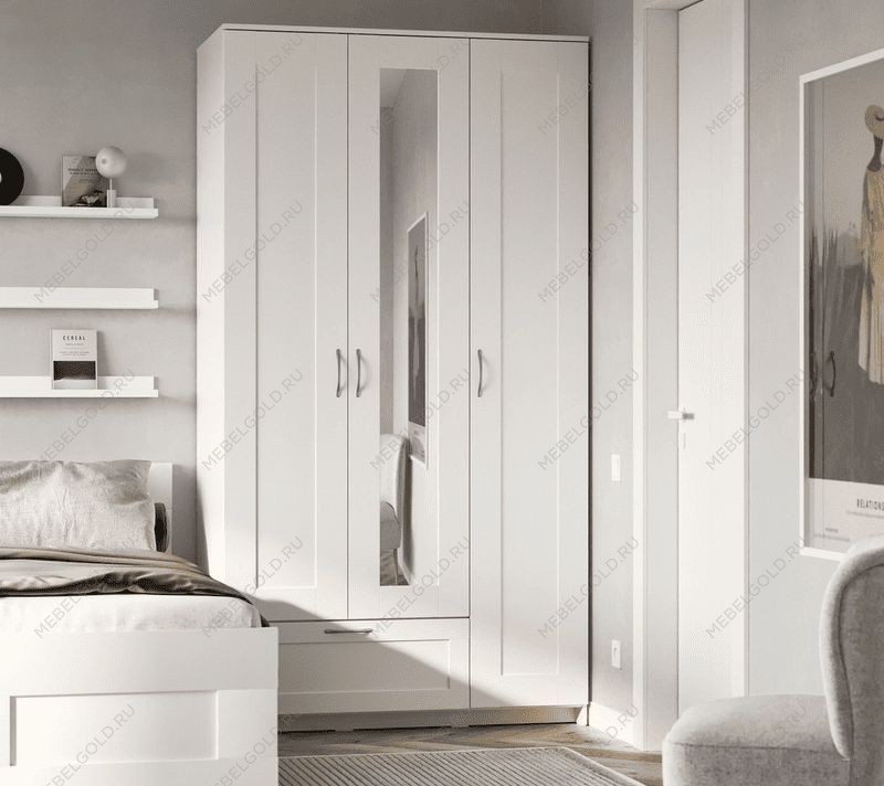 БРИМНЭС / СИРИУС Шкаф трёхдверный ИКЕА / IKEA белый с одним выдвижным ящиком и зеркалом | изображение 4