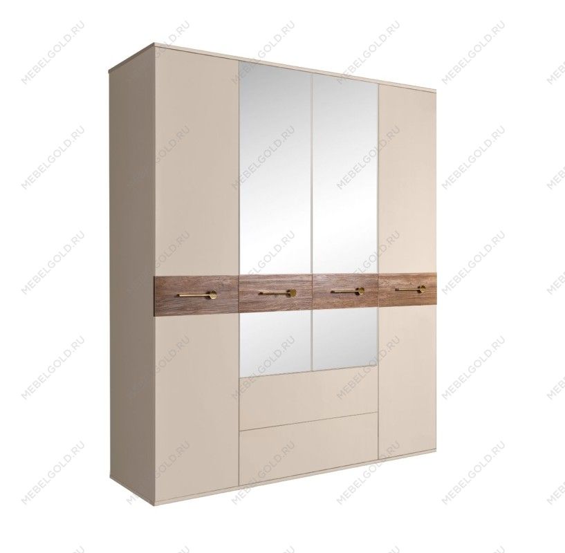 Шкаф 4-х дверный с зеркалами, с ящиками, Bogemia Wood Wo (Ваниль/Золото) БМШ1/41(Wo)