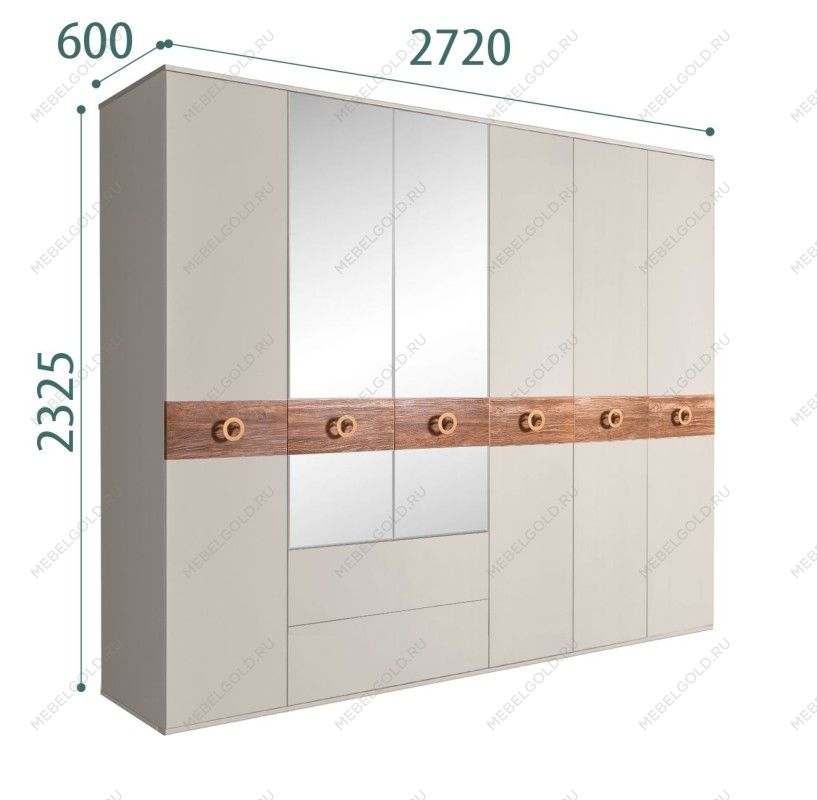 Шкаф 6-ти дверный с зеркалами, с ящиками, Bogemia Wood Fi (Шелк/Золото) БМШ1/61(Wo)